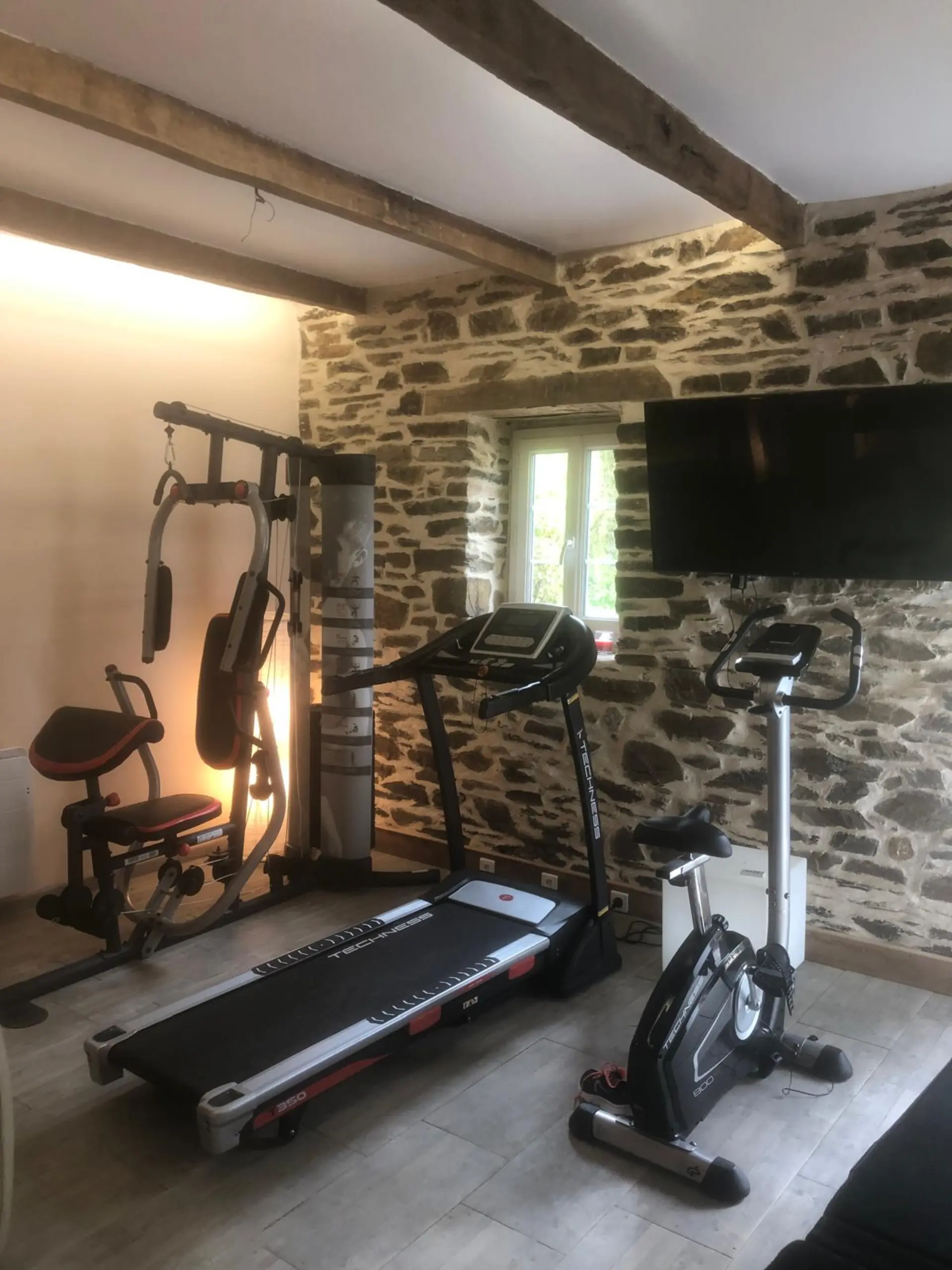 Salle de fitness avec murs en pierre apparente